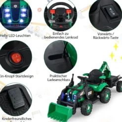 Elektro Traktor mit Anhänger & Schaufel & Fernbedienung 12V Aufsitztraktor Sitzbagger Grün