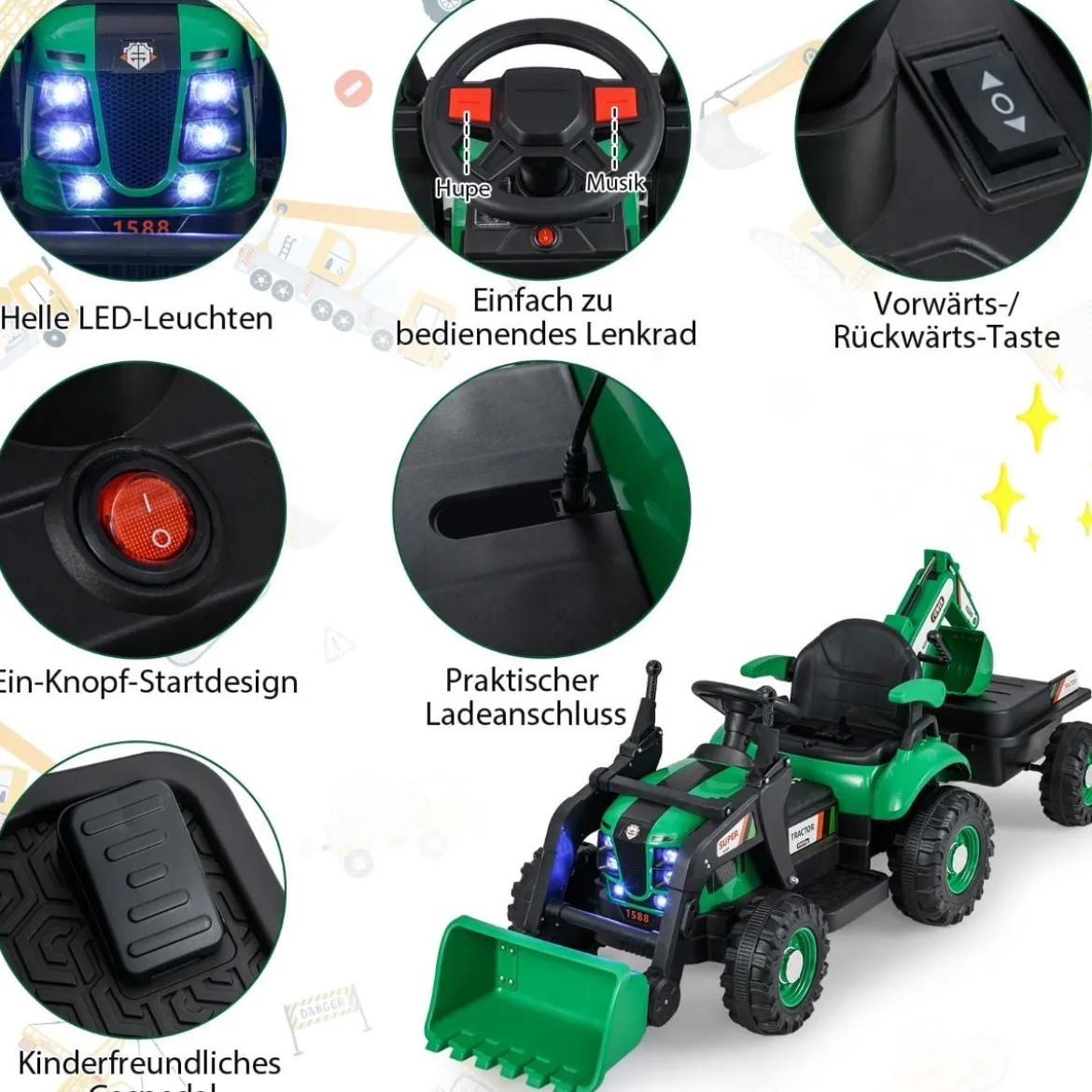 Elektro Traktor mit Anhänger & Schaufel & Fernbedienung 12V Aufsitztraktor Sitzbagger Grün
