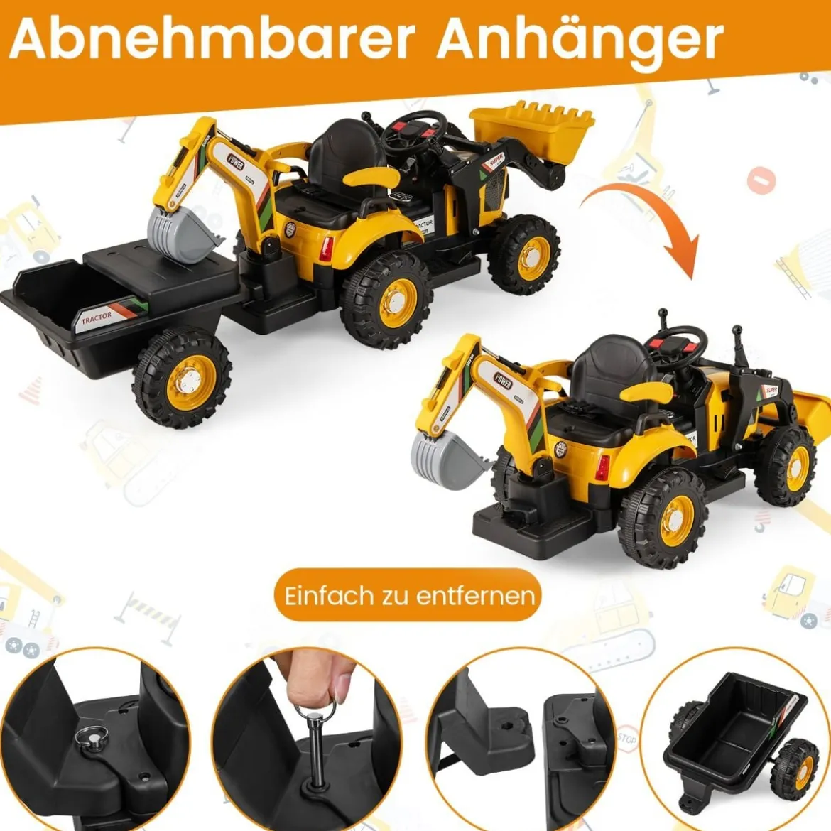 Elektro Traktor mit Anhänger & Schaufel & Fernbedienung 12V Aufsitztraktor Sitzbagger Gelb
