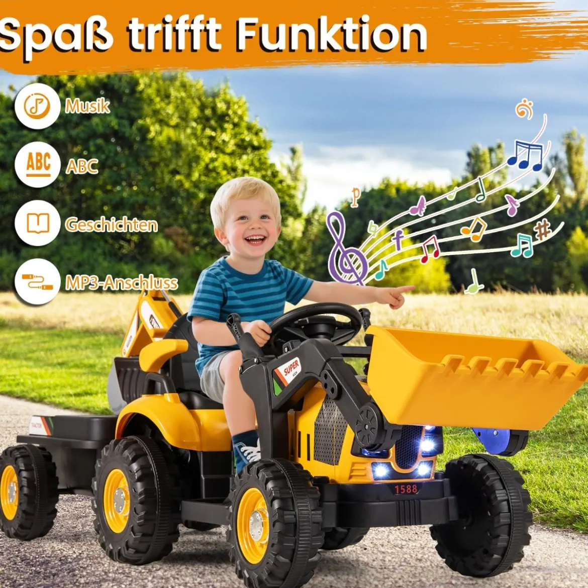 Elektro Traktor mit Anhänger & Schaufel & Fernbedienung 12V Aufsitztraktor Sitzbagger Gelb
