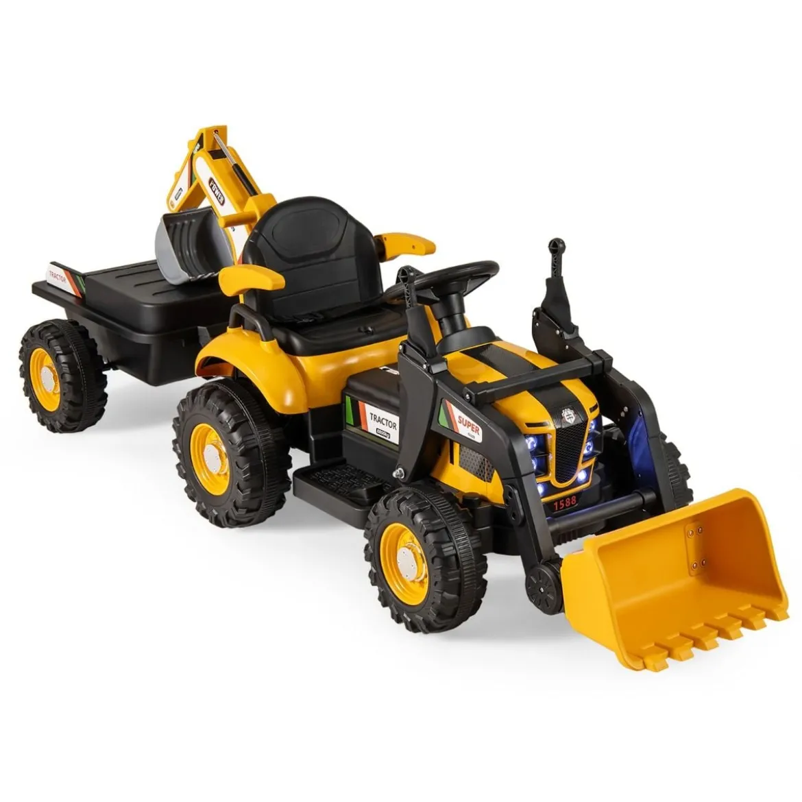 Elektro Traktor mit Anhänger & Schaufel & Fernbedienung 12V Aufsitztraktor Sitzbagger Gelb