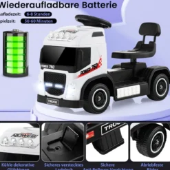 Elektrotruck für Kinder akkubetriebenes 6-V-Aufsitzspielzeug mit höhenverstellbarem Sitz 72 x 31 x 46 cm Weiß