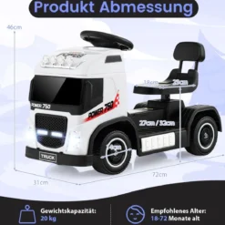 Elektrotruck für Kinder akkubetriebenes 6-V-Aufsitzspielzeug mit höhenverstellbarem Sitz 72 x 31 x 46 cm Weiß