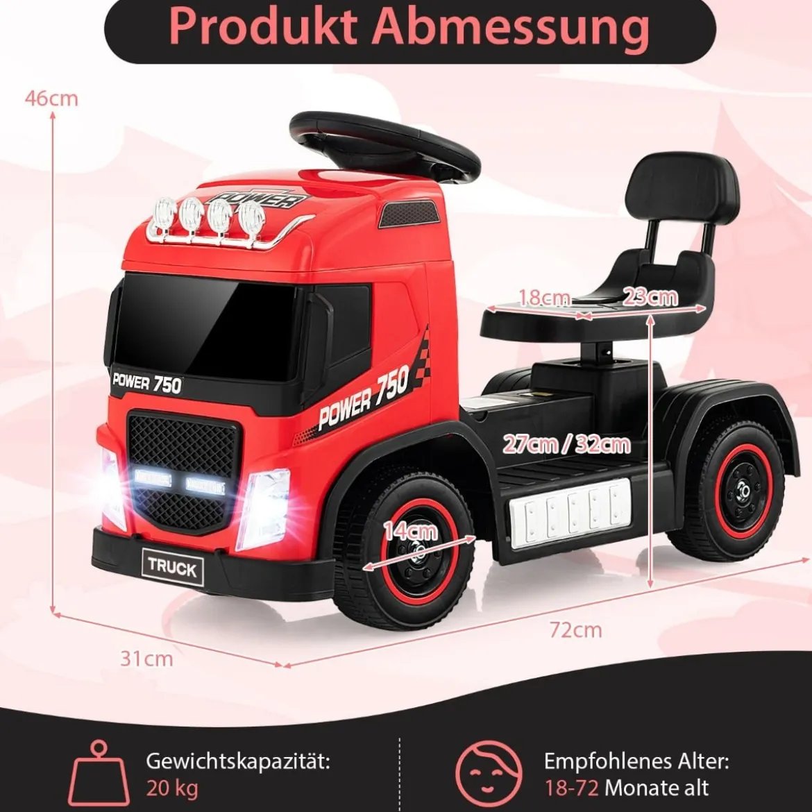 Elektrotruck für Kinder akkubetriebenes 6-V-Aufsitzspielzeug mit höhenverstellbarem Sitz 72 x 31 x 46 cm Rot