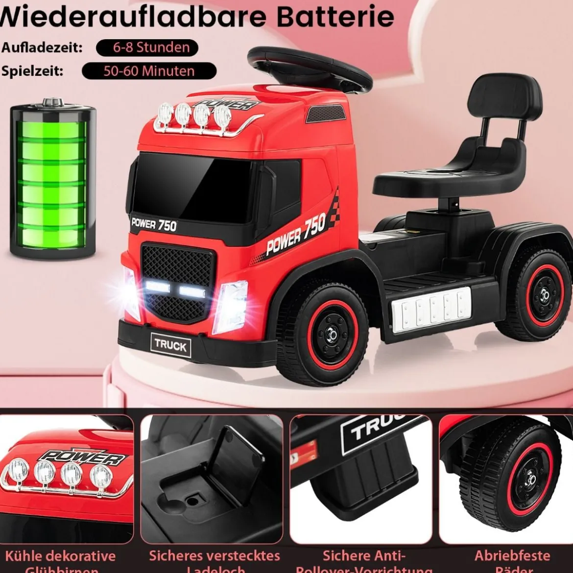 Elektrotruck für Kinder akkubetriebenes 6-V-Aufsitzspielzeug mit höhenverstellbarem Sitz 72 x 31 x 46 cm Rot
