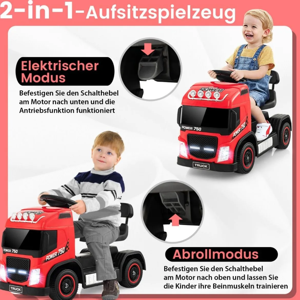 Elektrotruck für Kinder akkubetriebenes 6-V-Aufsitzspielzeug mit höhenverstellbarem Sitz 72 x 31 x 46 cm Rot