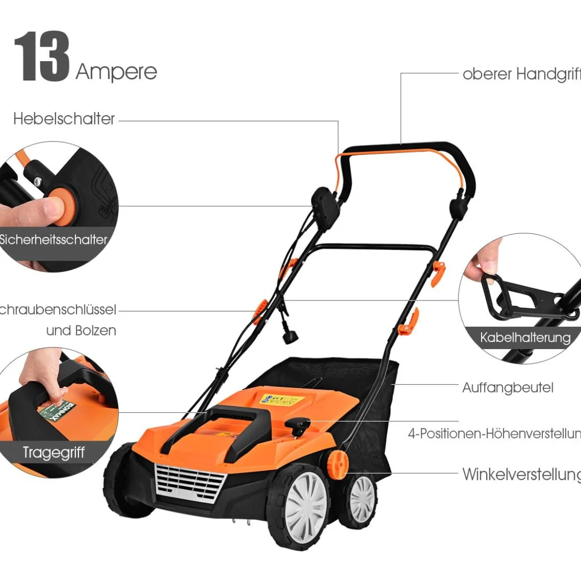 Elektro Vertikutierer Rasenlüfter 1800W 2 Stufen Arbeitstiefe 67 x 58 x 86 - 104 cm Orange