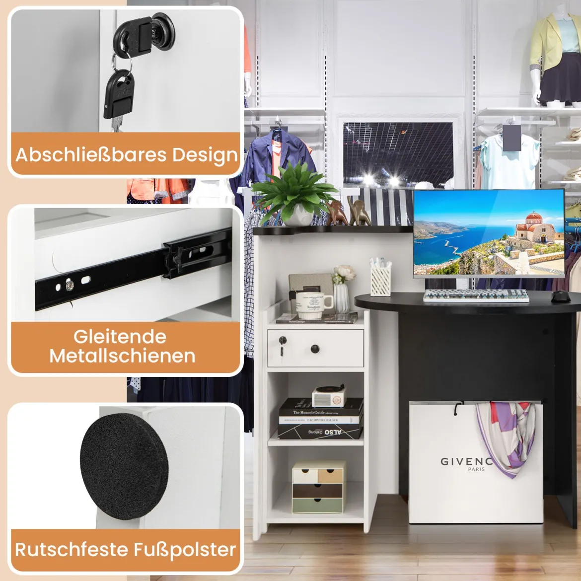 Empfangstheke Empfangstresen mit abschließbarer Schublade verstellbarem Regal ovaler Tischplatte Schwarz & Weiß