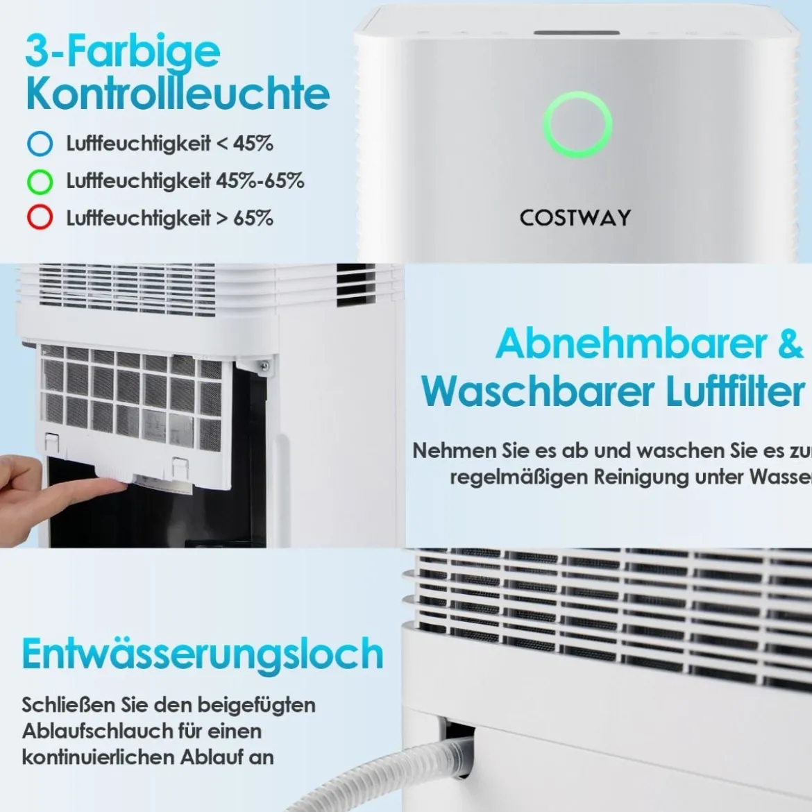 15㎡ Entfeuchter 15L Entfeuchter mit 3 Modi Mobile Luftentfeuchter 25,5 x 22 x 45 cm Weiß