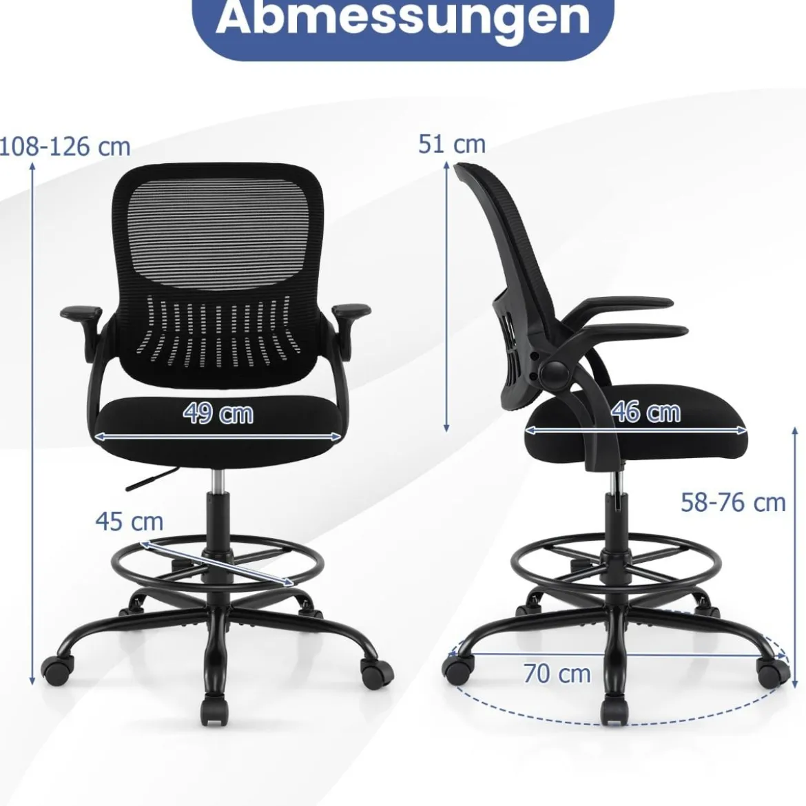 Entwurfstuhl hoher Mesh-Drehstuhl mit klappbaren Armlehnen & verstellbarem Fußstützring Schwarz