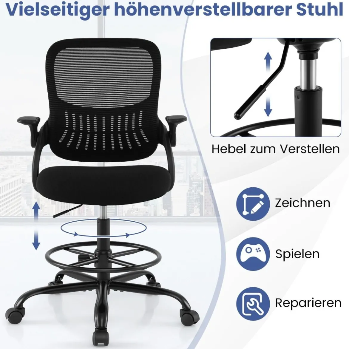 Entwurfstuhl hoher Mesh-Drehstuhl mit klappbaren Armlehnen & verstellbarem Fußstützring Schwarz