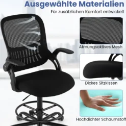 Entwurfstuhl hoher Mesh-Drehstuhl mit klappbaren Armlehnen & verstellbarem Fußstützring Schwarz