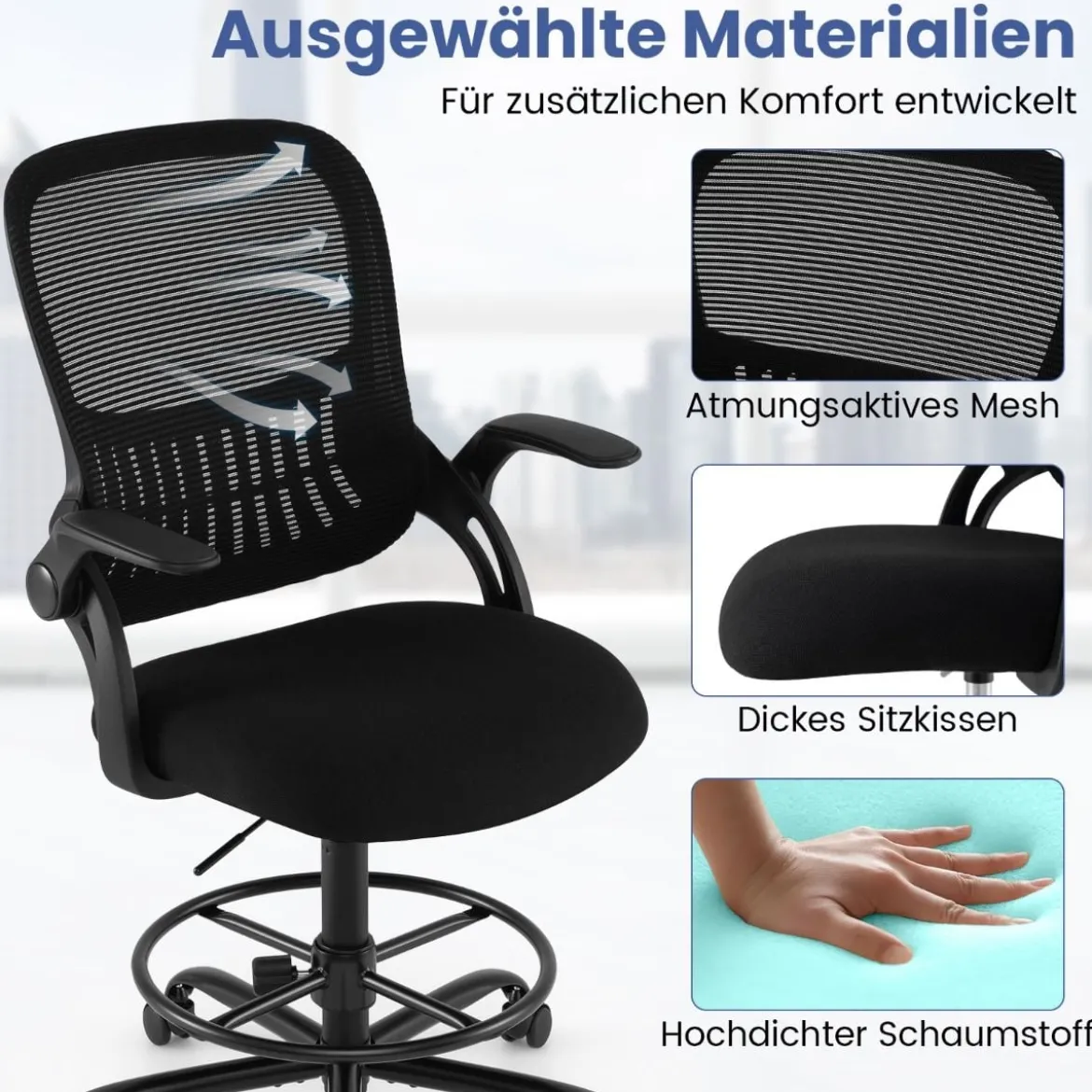 Entwurfstuhl hoher Mesh-Drehstuhl mit klappbaren Armlehnen & verstellbarem Fußstützring Schwarz
