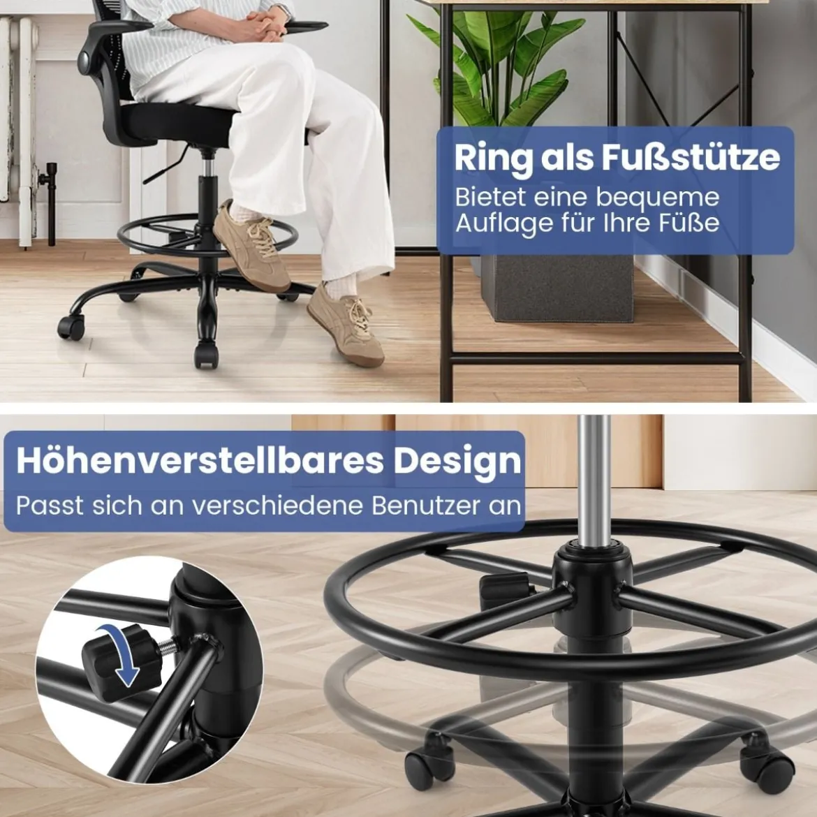 Entwurfstuhl hoher Mesh-Drehstuhl mit klappbaren Armlehnen & verstellbarem Fußstützring Schwarz