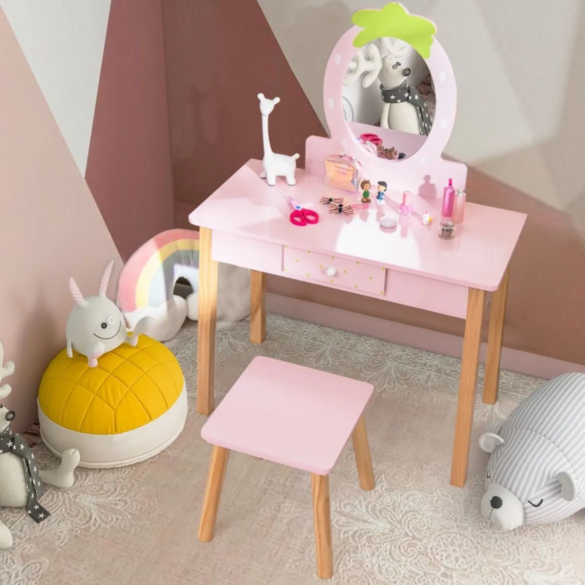 Erdbeerförmiges 2-in-1-Kinder-Schminkset aus Holz mit Hocker & Spiegel & Schublade