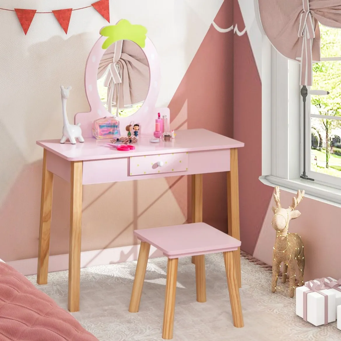 Erdbeerförmiges 2-in-1-Kinder-Schminkset aus Holz mit Hocker & Spiegel & Schublade