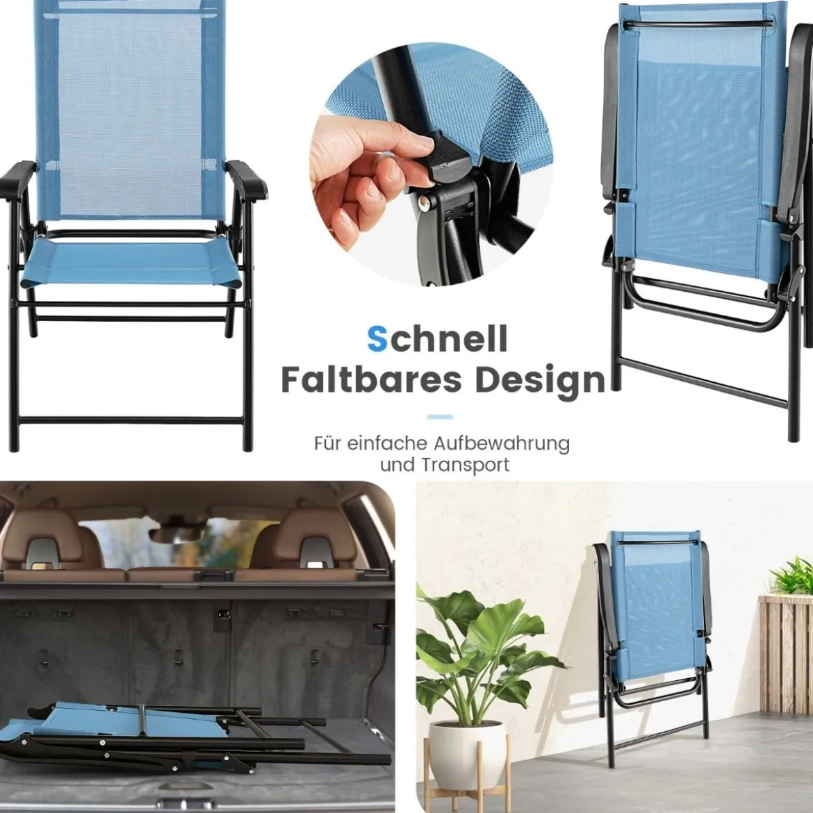 2er/4er Set Gartenstühle Klappstühle mit Armlehnen Balkonstühle mit wetterfestem Stoff Minzgrün/Blau
