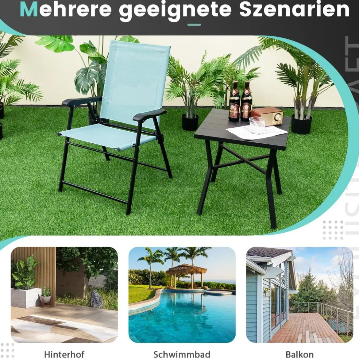 2er/4er Set Gartenstühle Klappstühle mit Armlehnen Balkonstühle mit wetterfestem Stoff Minzgrün/Blau