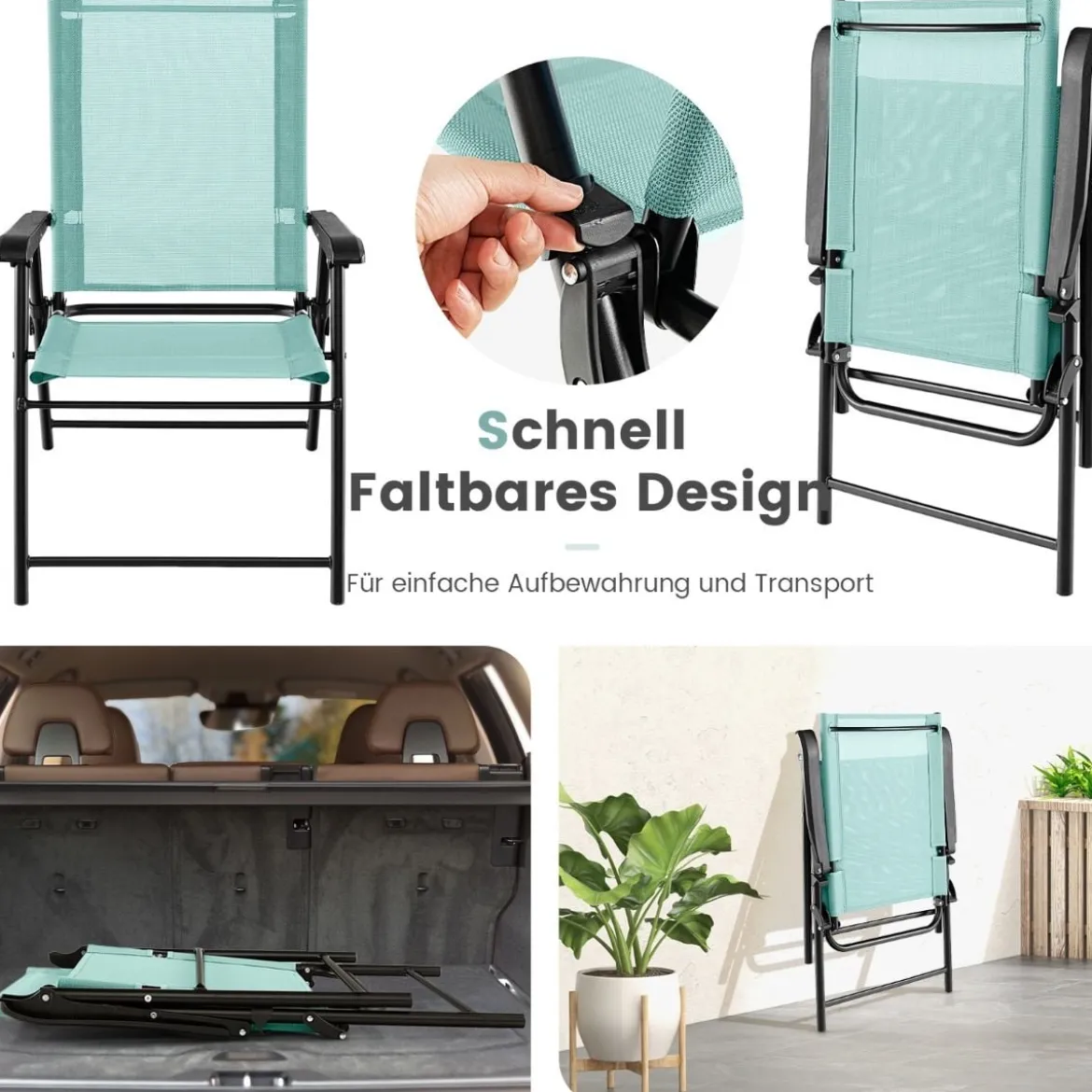 2er/4er Set Gartenstühle Klappstühle mit Armlehnen Balkonstühle mit wetterfestem Stoff Minzgrün/Blau