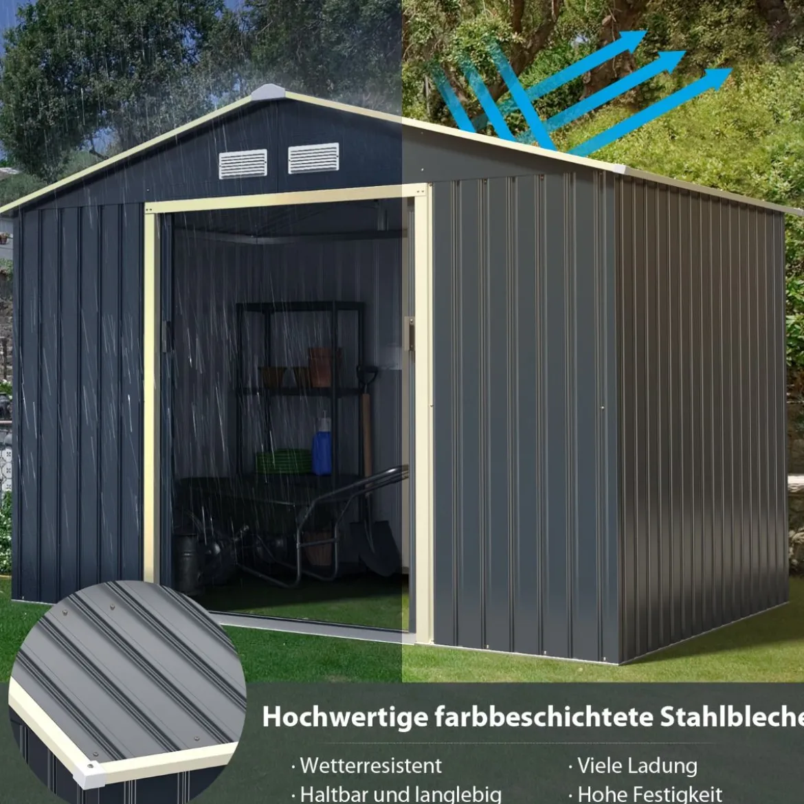 2er Gerätehaus Metall Erweitert + Geräteschuppen Set abschließbar Grau