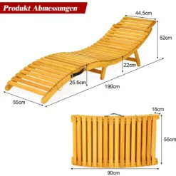 Ergonomische Holz Sonnenliege mit Auflage & Klappbarer Kopfstütze Gartenliege 190 x 55 x 52 cm