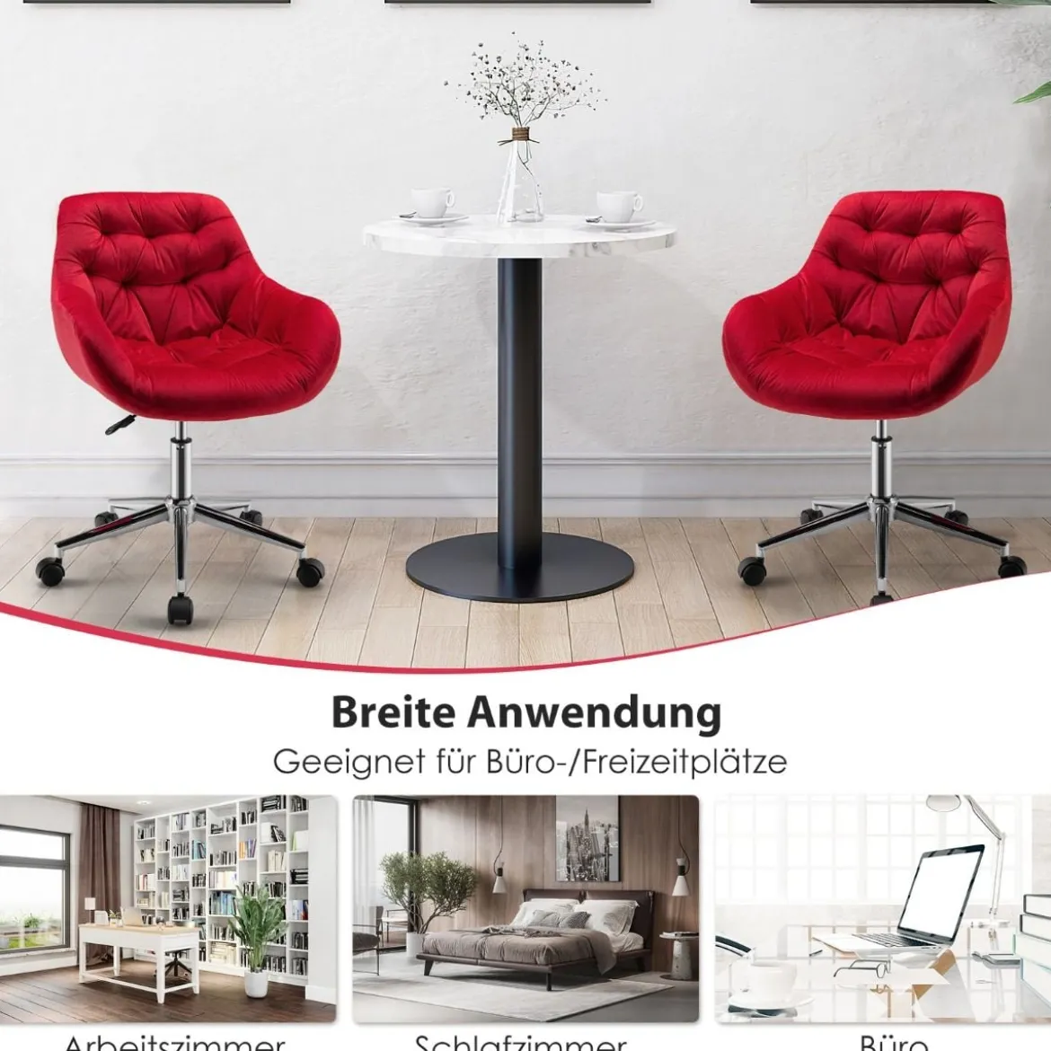 Ergonomischer Akzentstuhl Gepolsterter Drehstuhl aus Samt Rot