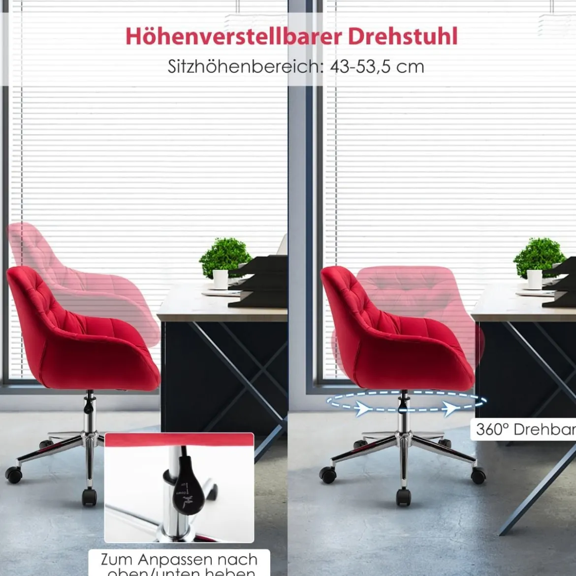 Ergonomischer Akzentstuhl Gepolsterter Drehstuhl aus Samt Rot