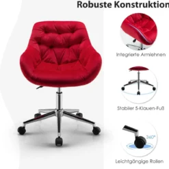 Ergonomischer Akzentstuhl Gepolsterter Drehstuhl aus Samt Rot