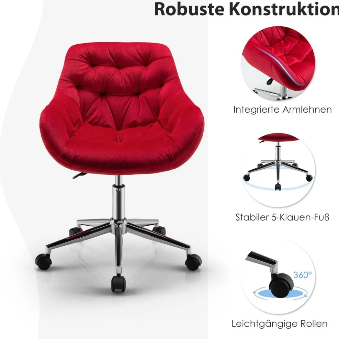 Ergonomischer Akzentstuhl Gepolsterter Drehstuhl aus Samt Rot