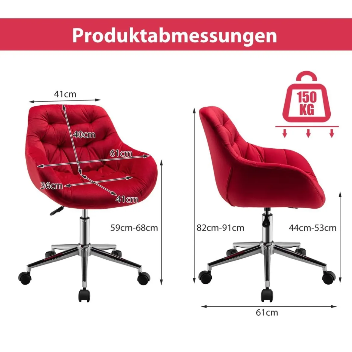 Ergonomischer Akzentstuhl Gepolsterter Drehstuhl aus Samt Rot
