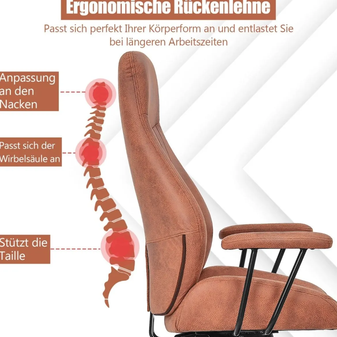 Ergonomischer Bürostuhl aus Wildleder 150° neigbarer Computerstuhl Rotbraun
