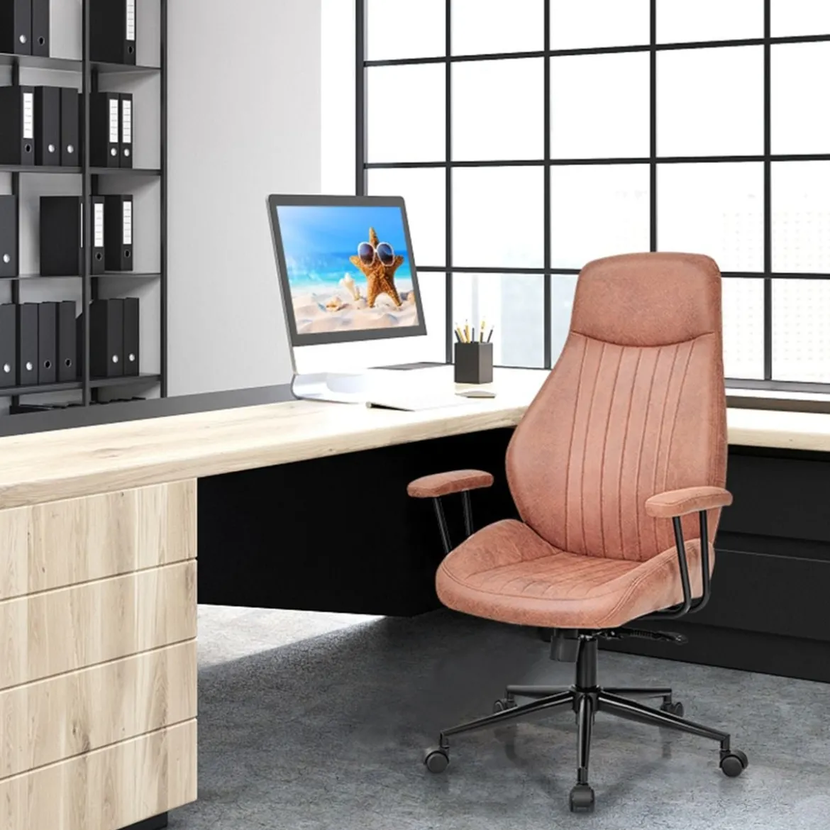 Ergonomischer Bürostuhl aus Wildleder 150° neigbarer Computerstuhl Rotbraun