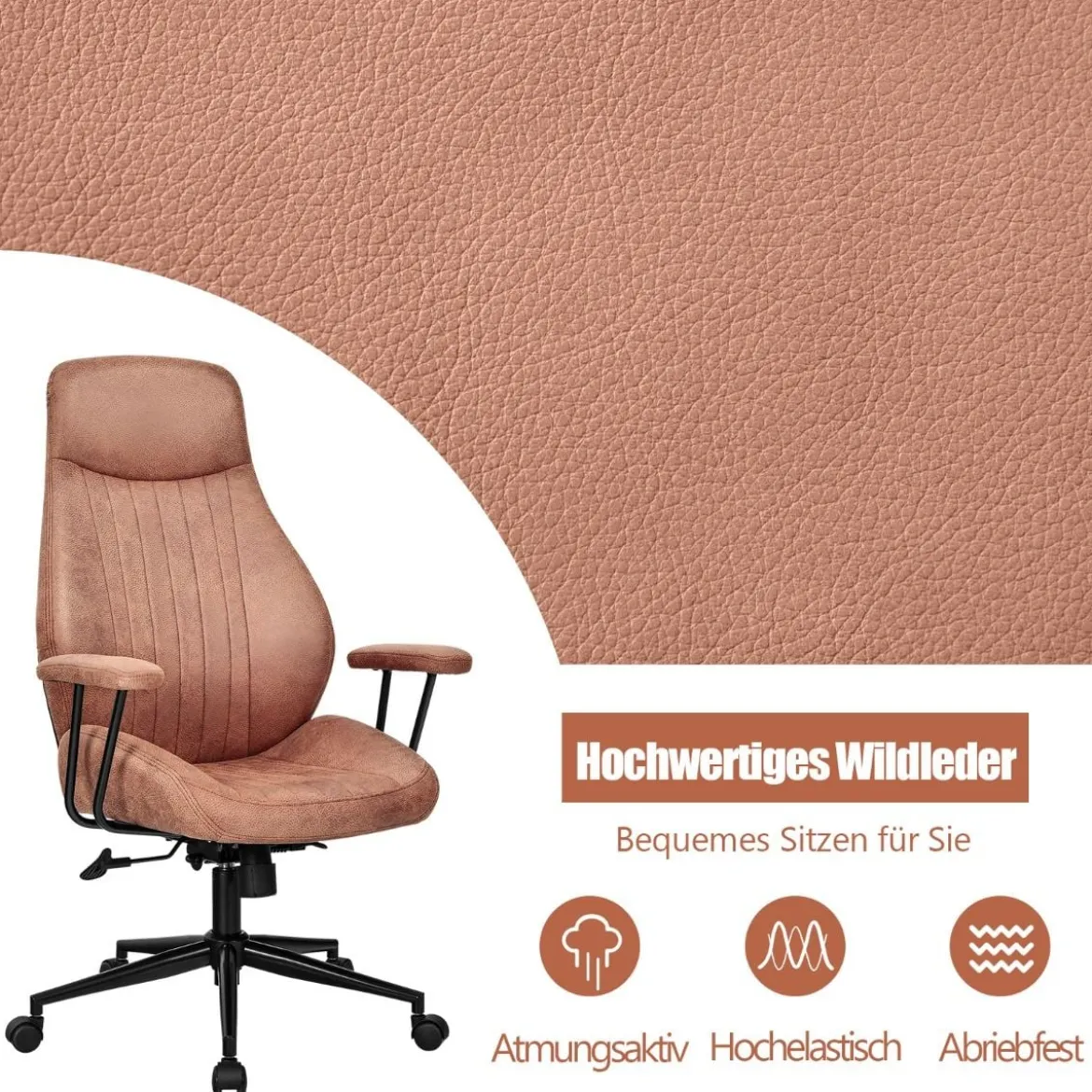 Ergonomischer Bürostuhl aus Wildleder 150° neigbarer Computerstuhl Rotbraun