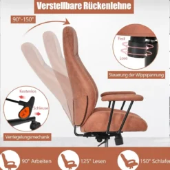 Ergonomischer Bürostuhl aus Wildleder 150° neigbarer Computerstuhl Rotbraun