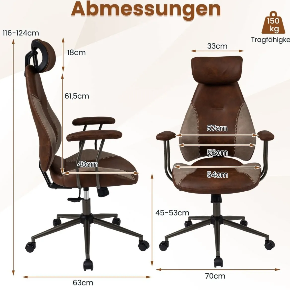 Ergonomischer Bürostuhl Computer-Schreibtischstuhl mit Wildlederstoff Kopfstütze Braun