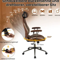 Ergonomischer Bürostuhl Computer-Schreibtischstuhl mit Wildlederstoff Kopfstütze Braun