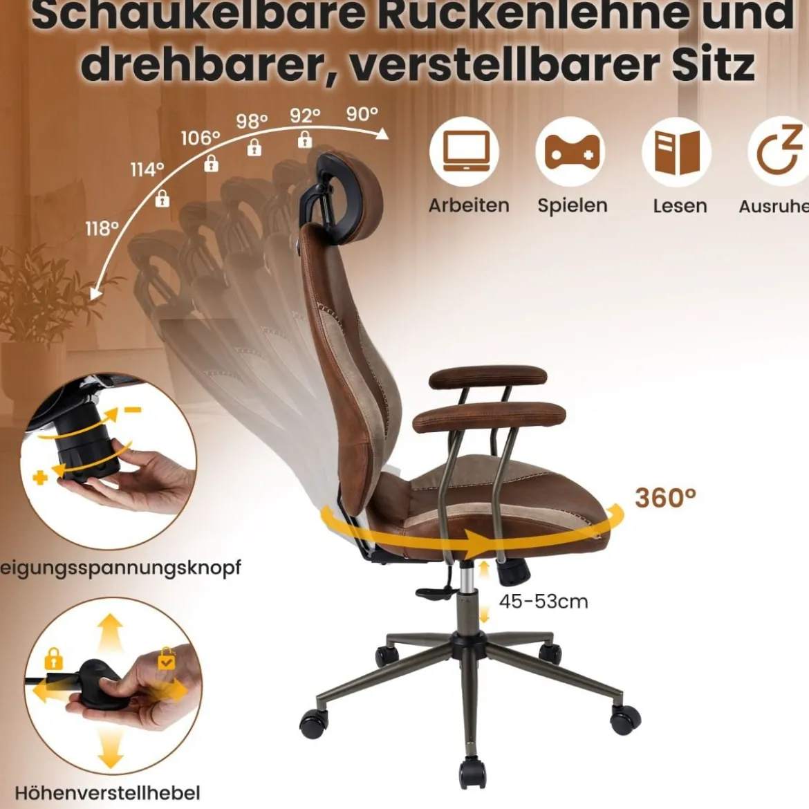 Ergonomischer Bürostuhl Computer-Schreibtischstuhl mit Wildlederstoff Kopfstütze Braun