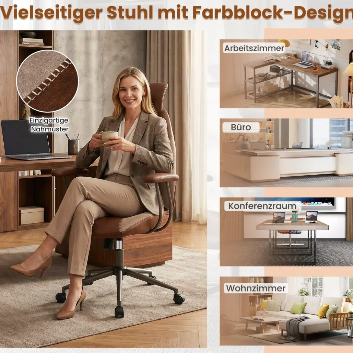 Ergonomischer Bürostuhl Computer-Schreibtischstuhl mit Wildlederstoff Kopfstütze Braun