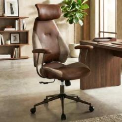 Ergonomischer Bürostuhl Computer-Schreibtischstuhl mit Wildlederstoff Kopfstütze Braun