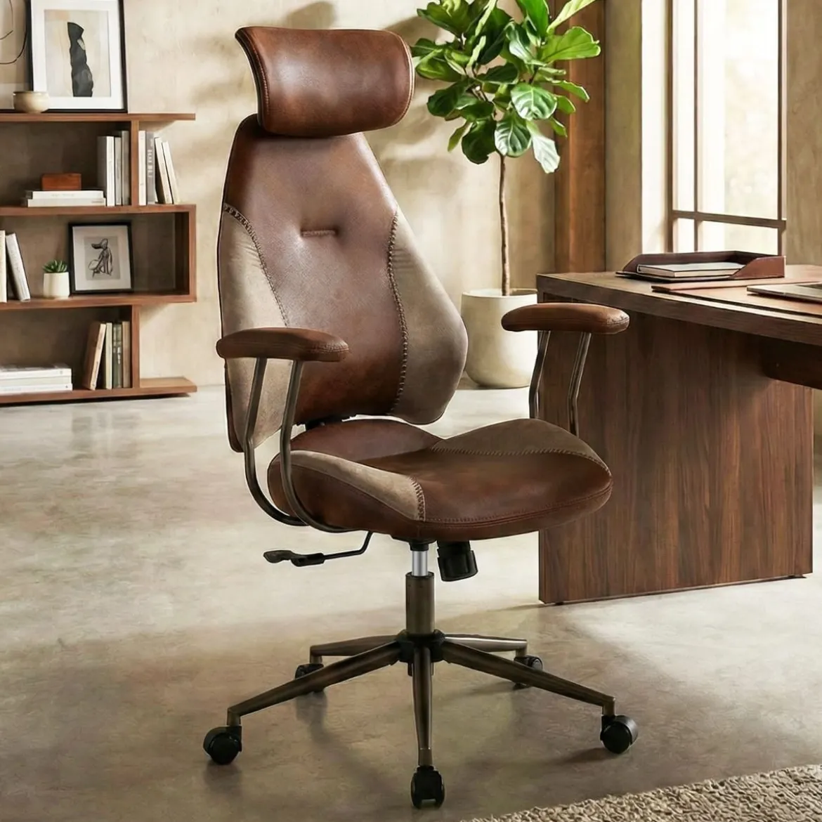 Ergonomischer Bürostuhl Computer-Schreibtischstuhl mit Wildlederstoff Kopfstütze Braun