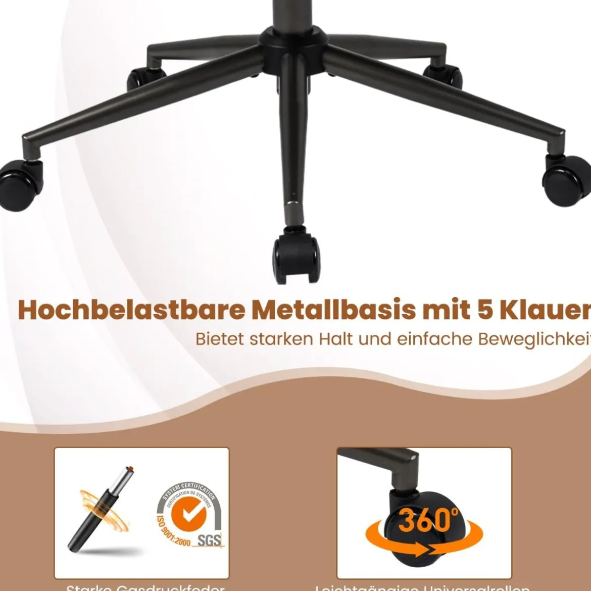 Ergonomischer Bürostuhl Computer-Schreibtischstuhl mit Wildlederstoff Kopfstütze Braun