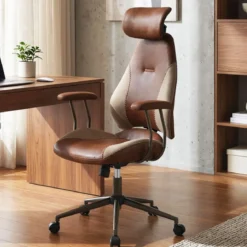 Ergonomischer Bürostuhl Computer-Schreibtischstuhl mit Wildlederstoff Kopfstütze Braun