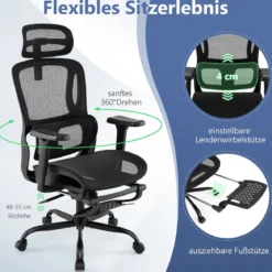 Ergonomischer Bürostuhl Computertischstuhl mit einziehbarer Fußstütze verstellbarer Lendenstütze & Armlehnen Schwarz