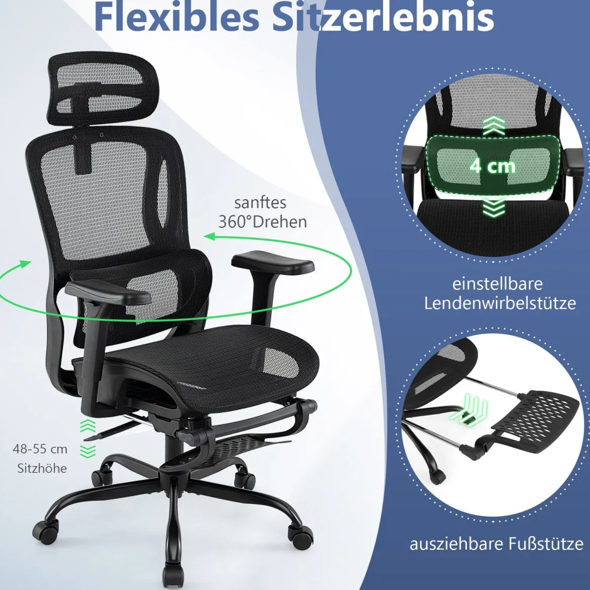 Ergonomischer Bürostuhl Computertischstuhl mit einziehbarer Fußstütze verstellbarer Lendenstütze & Armlehnen Schwarz