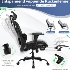 Ergonomischer Bürostuhl Computertischstuhl mit einziehbarer Fußstütze verstellbarer Lendenstütze & Armlehnen Schwarz