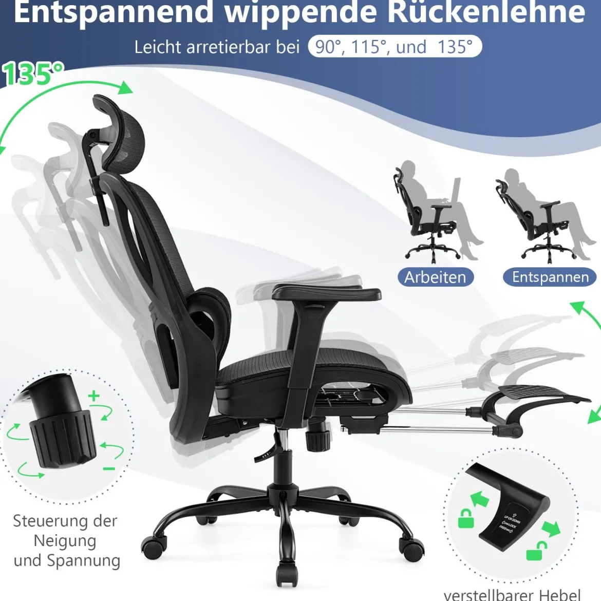 Ergonomischer Bürostuhl Computertischstuhl mit einziehbarer Fußstütze verstellbarer Lendenstütze & Armlehnen Schwarz