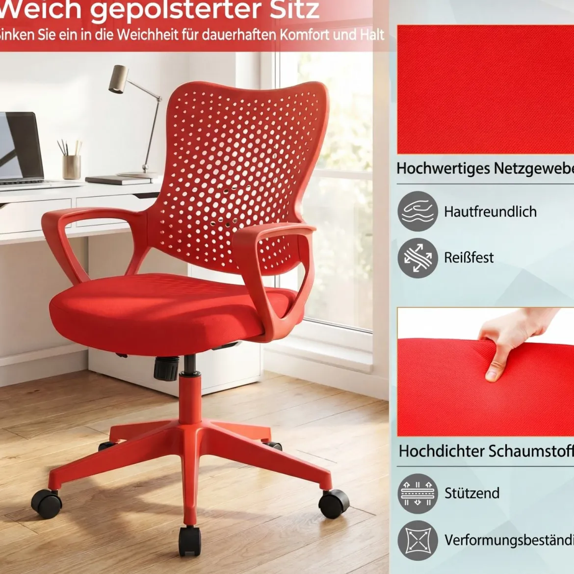 Ergonomischer Bürostuhl mit Atmungsaktive Mesh-Rückenlehne Höhenverstellbarer Drehstuhl Rot