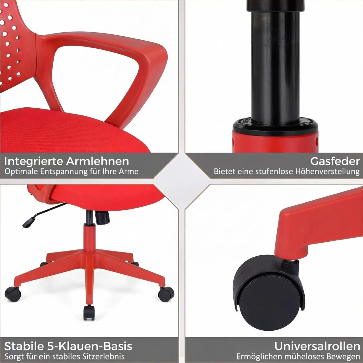 Ergonomischer Bürostuhl mit Atmungsaktive Mesh-Rückenlehne Höhenverstellbarer Drehstuhl Rot
