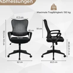 Ergonomischer Bürostuhl mit Atmungsaktive Mesh-Rückenlehne Höhenverstellbarer Drehstuhl Schwarz