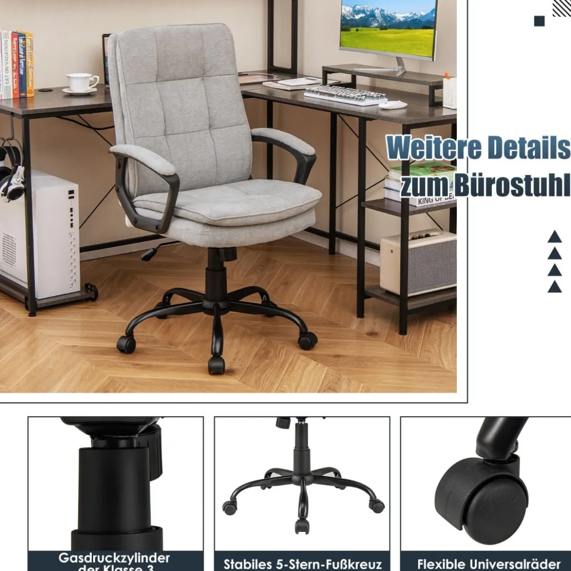 Ergonomischer Bürostuhl mit Armlehnen & Rollen Höhenverstellbarer Drehstuhl Computerstuhl